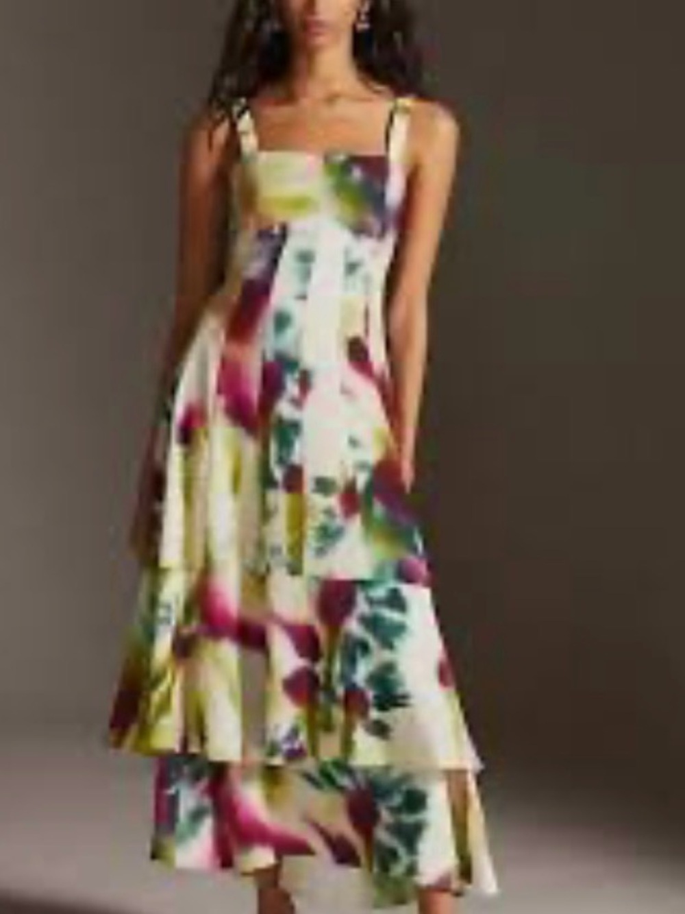 Anthropologie Watercolor Floral Maxi Dress in Cream, Pink & Green